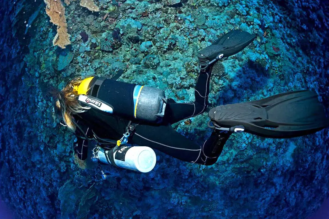 Atlantic Scuba Diver at rock-face underwater