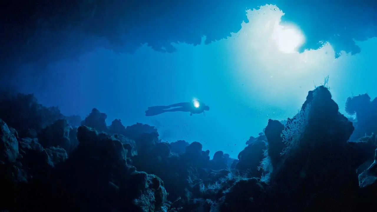 Atlantic Scuba Diver with light underwater